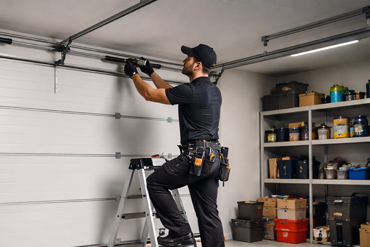Technician repairing garage door system