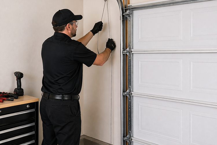 Garage door cable repair technician working on residential garage door