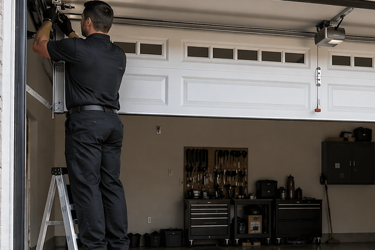 Garage door repair technician fixing overhead door in residential garage