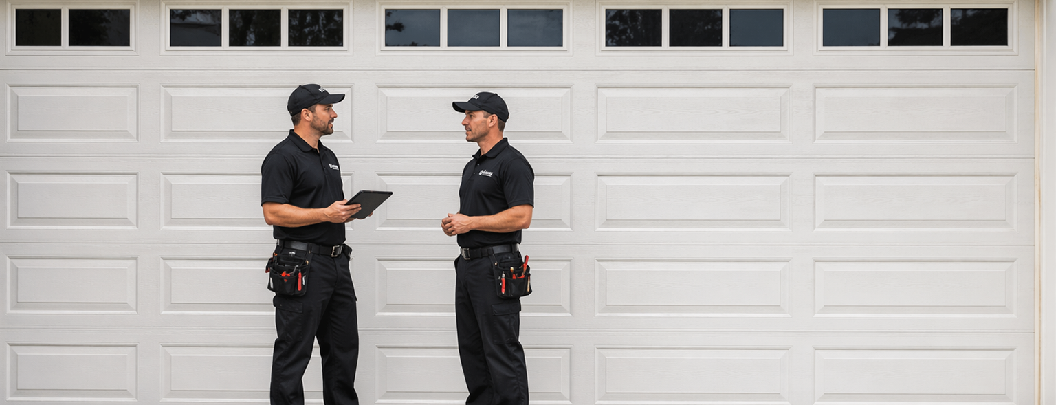 Garage door technicians in black uniform working in front of residential garage door