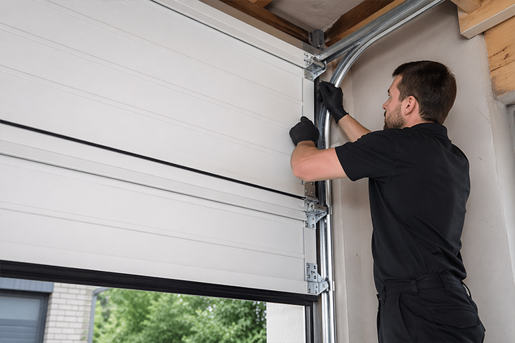 Technician installing garage door in residential home