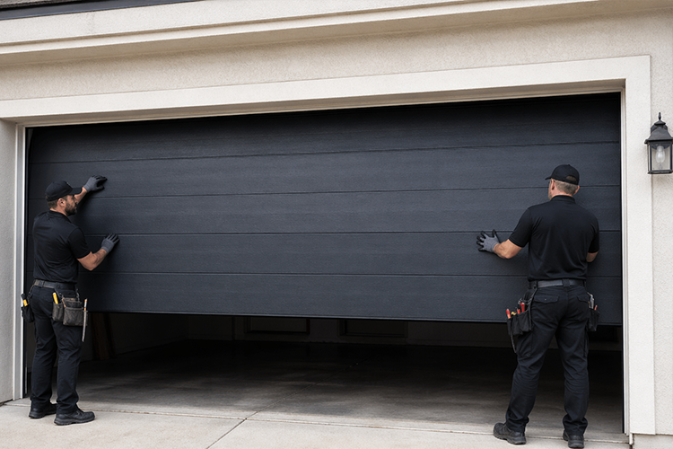 Garage door installation with black uniform technician
