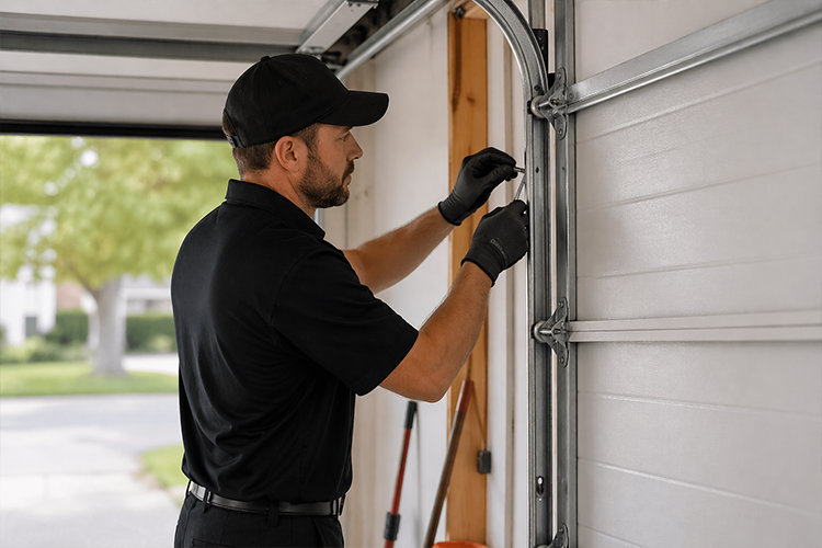 Garage door repair technician fixing door track in black uniform